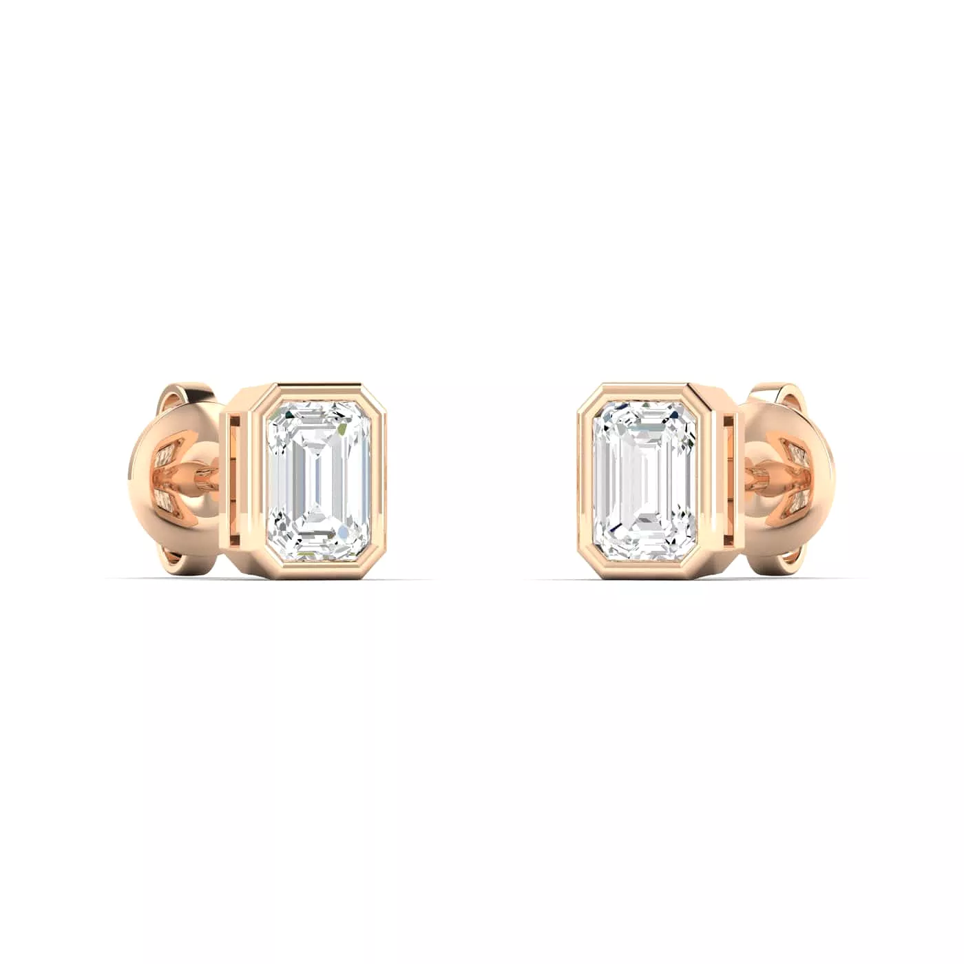 14K & 18K Gold Emerald Cut Bezel Set Diamond Stud Earrings