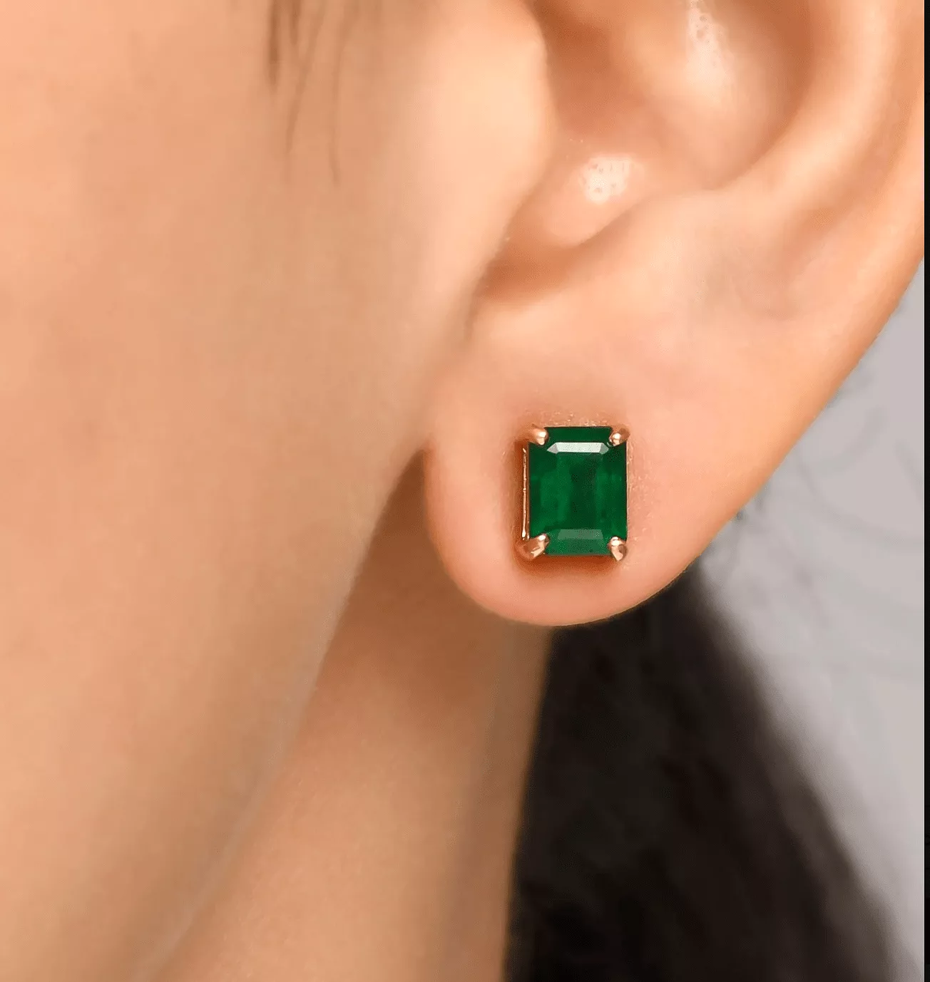 14K & 18K Gold Emerald Stud Earrings, 5 x 3 mm