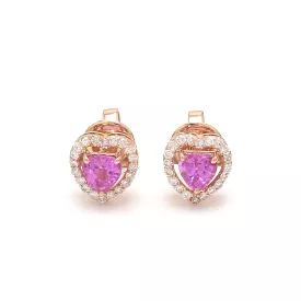 14K & 18K Gold Pink Sapphire Heart and Halo Diamond Stud Earrings