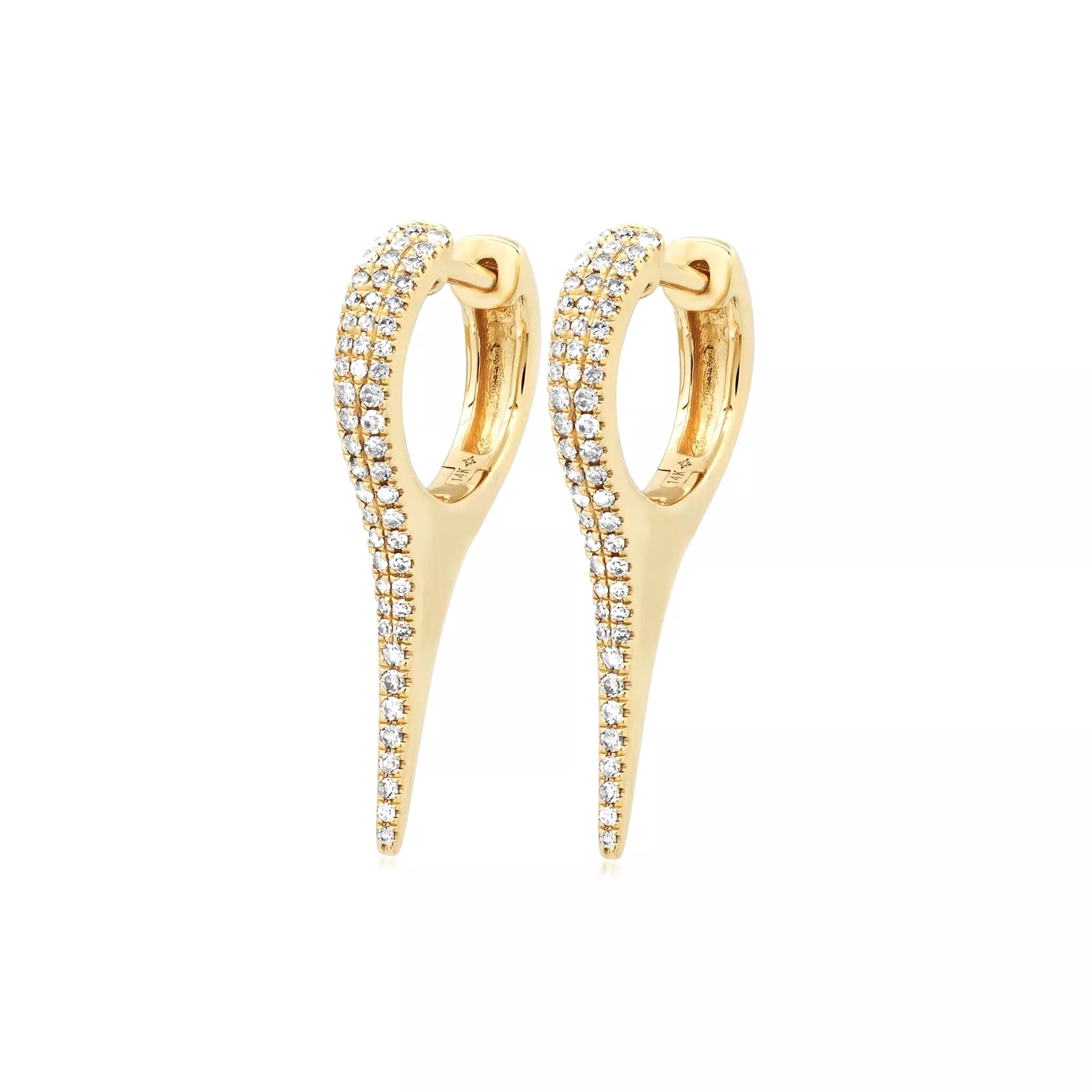 14K Gold and Pave Diamond Dagger Hoops Earrings, Large