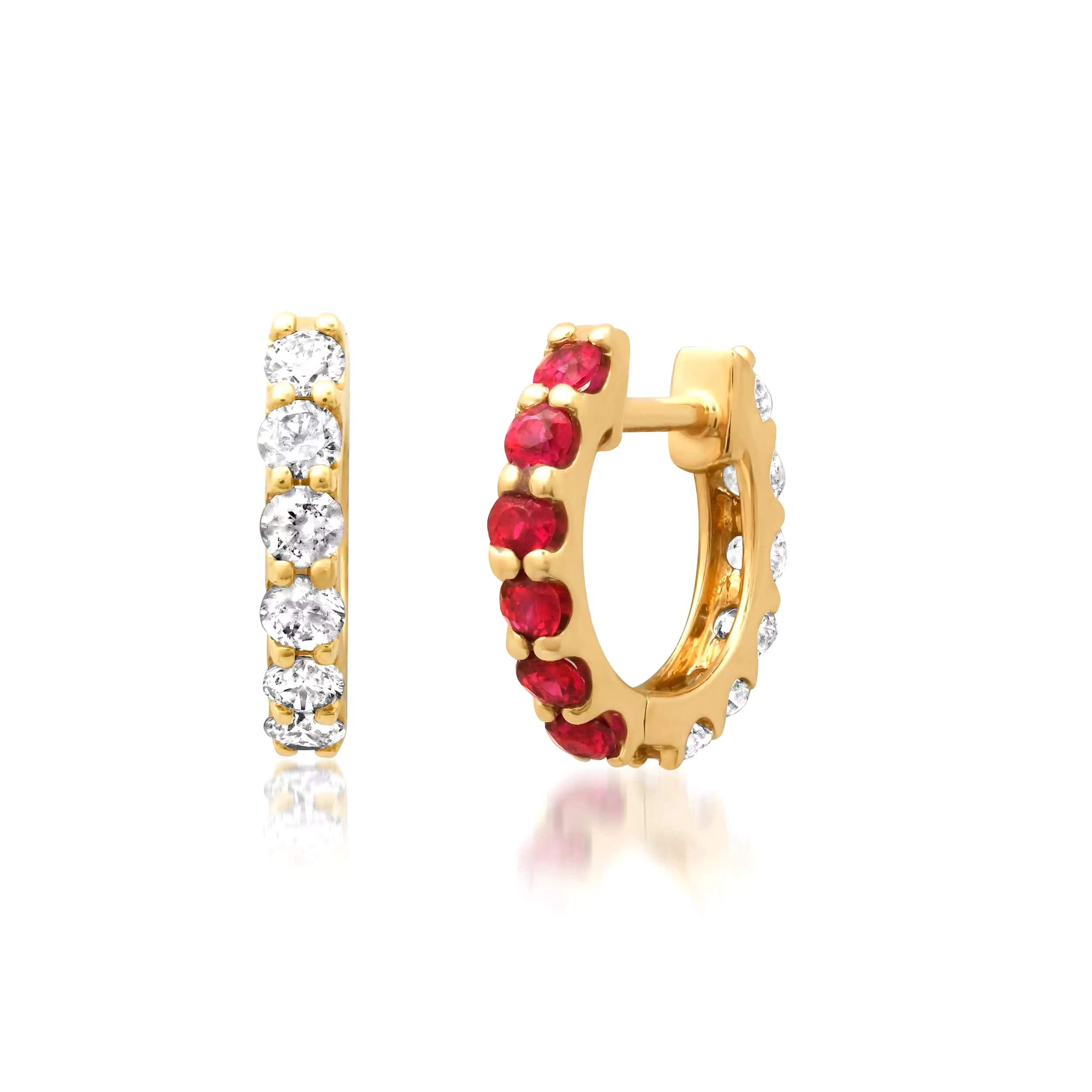 14K Gold Half & Half Ruby & Diamond Huggie Hoops Earrings