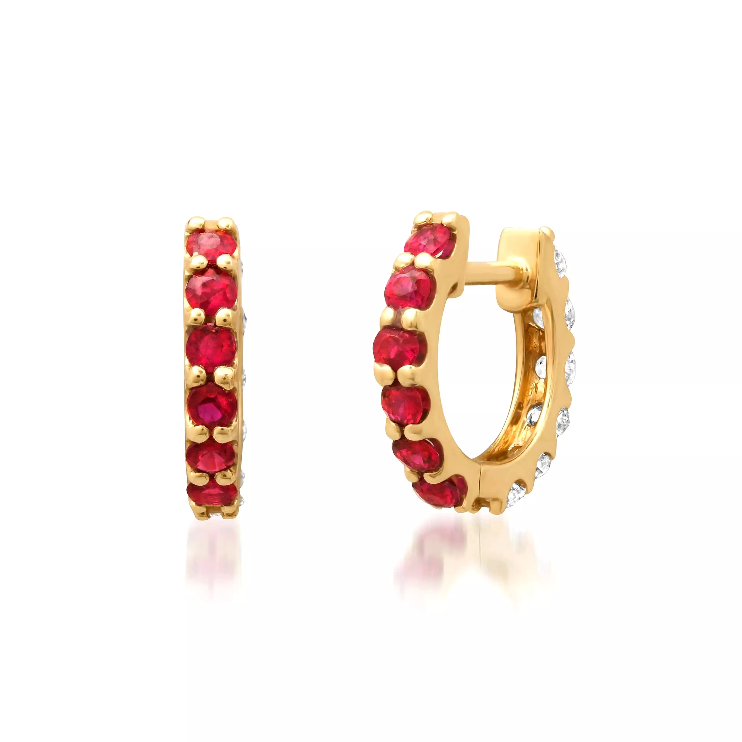 14K Gold Half & Half Ruby & Diamond Huggie Hoops Earrings