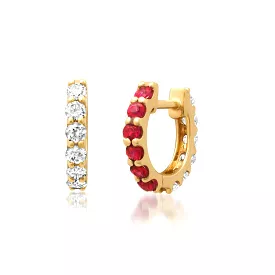 14K Gold Half & Half Ruby & Diamond Huggie Hoops Earrings