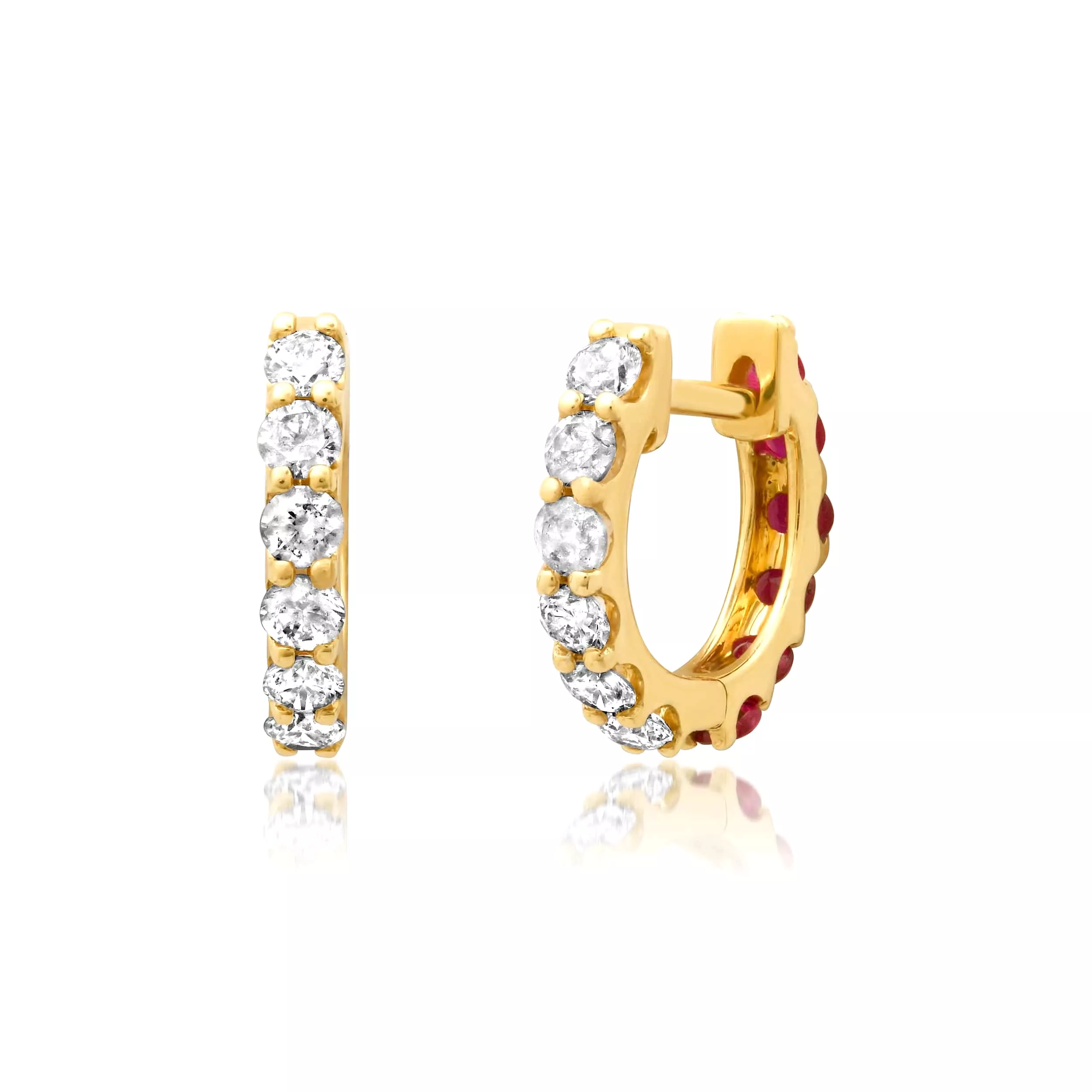 14K Gold Half & Half Ruby & Diamond Huggie Hoops Earrings