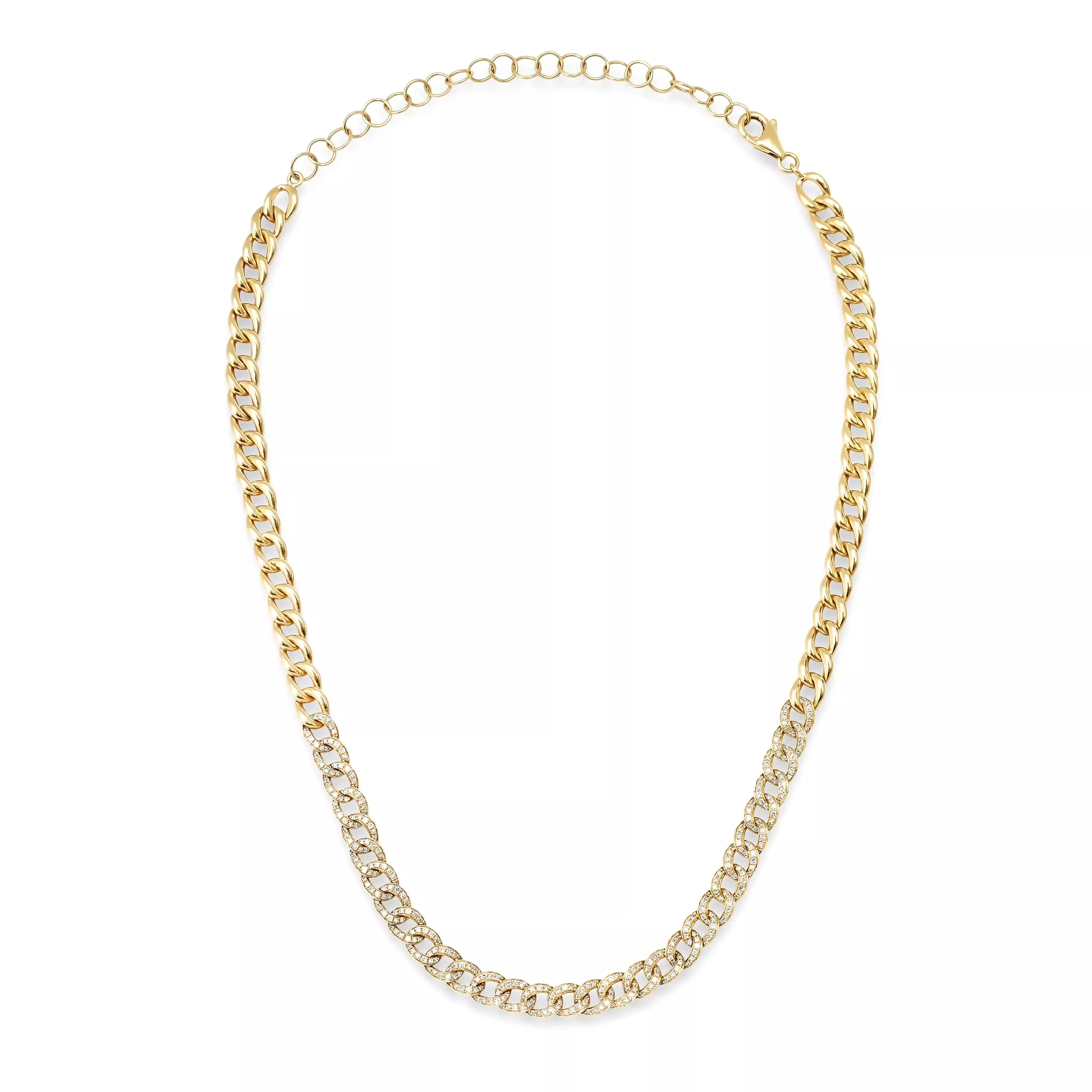 14K Gold Micro-Pave Diamond Cuban Link Chain Necklace Adjustable Length