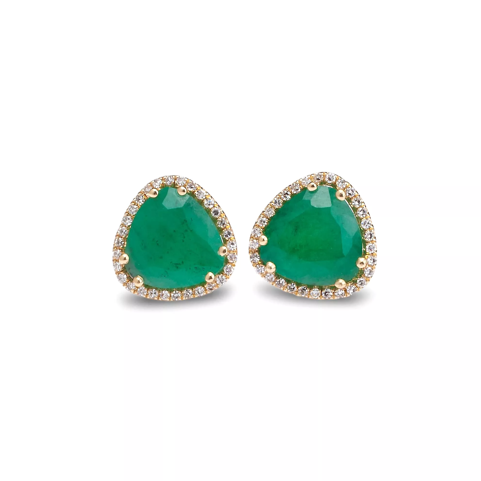 14K Gold Organic Emerald and Diamond Stud Earrings