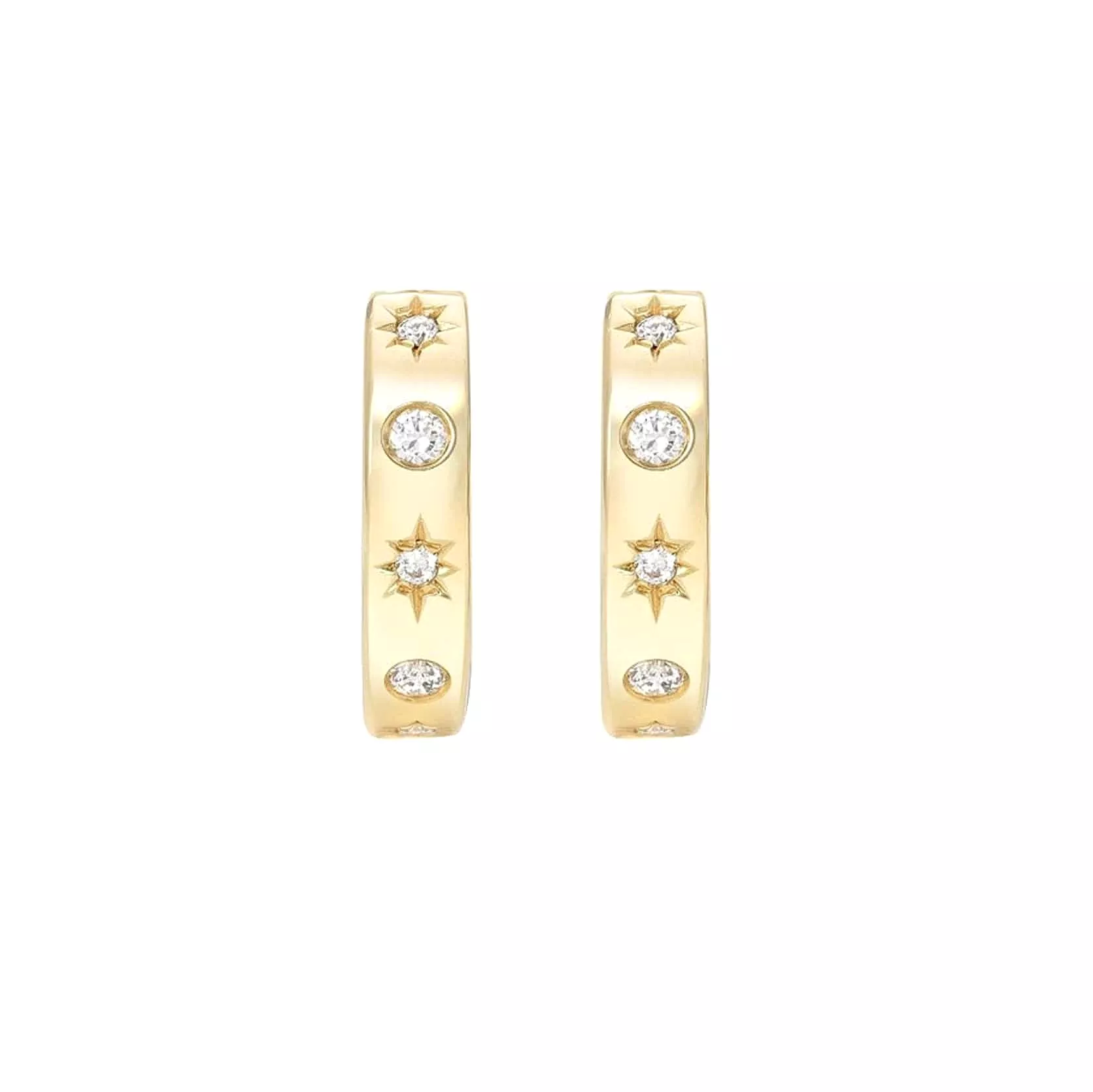 14K Gold Star Diamond Cosmos Huggie Hoops Earrings