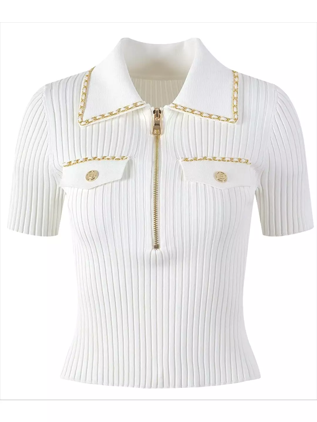 2023 Summer Luxury Chain Design Polo Collar Slim Short Women Y2K Mini Vinatge Tops Stryechy 3 Colors for Choose