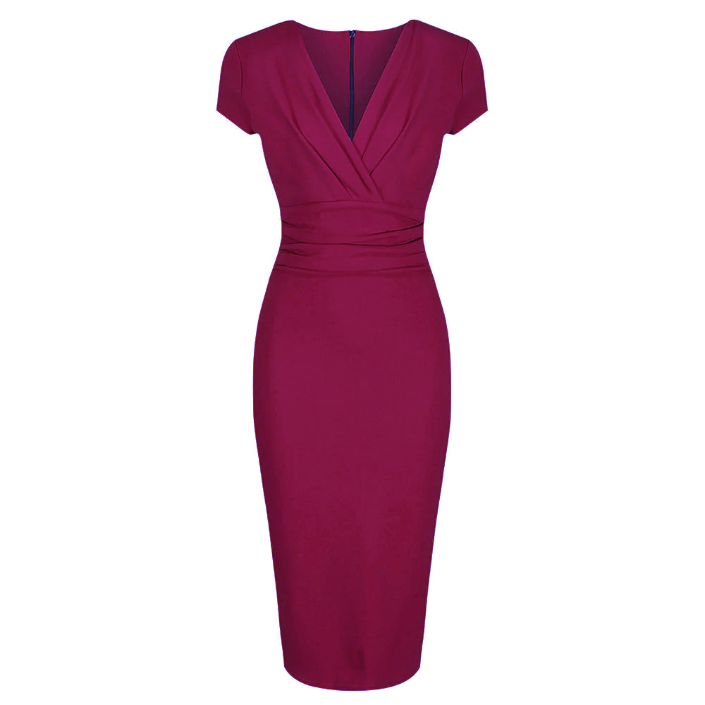 Amaranth Deep V Cap Sleeve Bodycon Ruched Waist Wiggle Dress