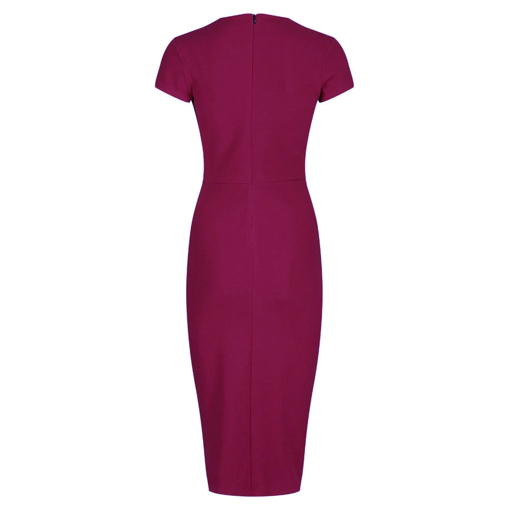 Amaranth Deep V Cap Sleeve Bodycon Ruched Waist Wiggle Dress