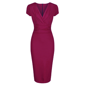 Amaranth Deep V Cap Sleeve Bodycon Ruched Waist Wiggle Dress