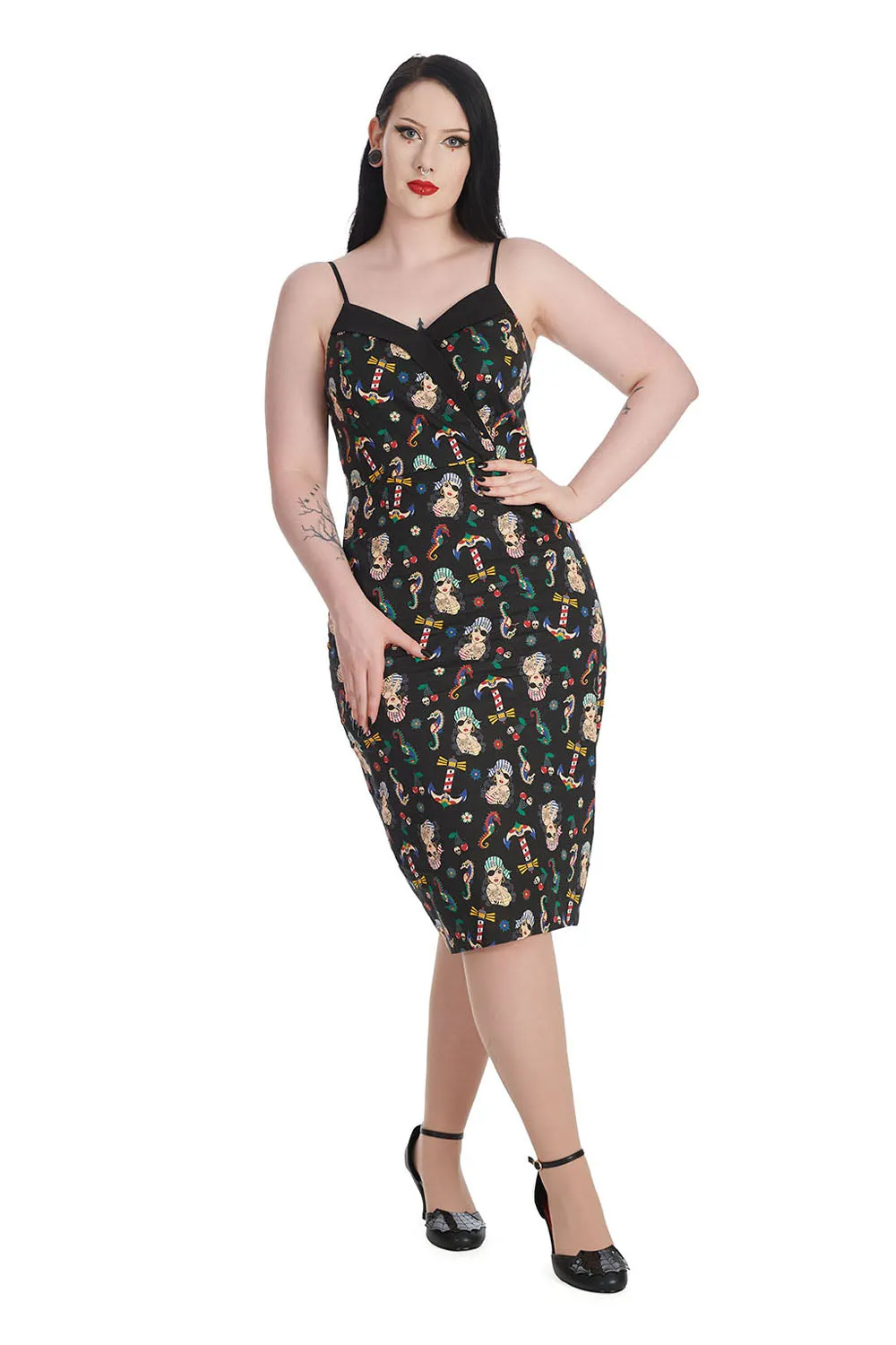 ANCHOR PIN UP PRINT V NECK PENCIL DRESS