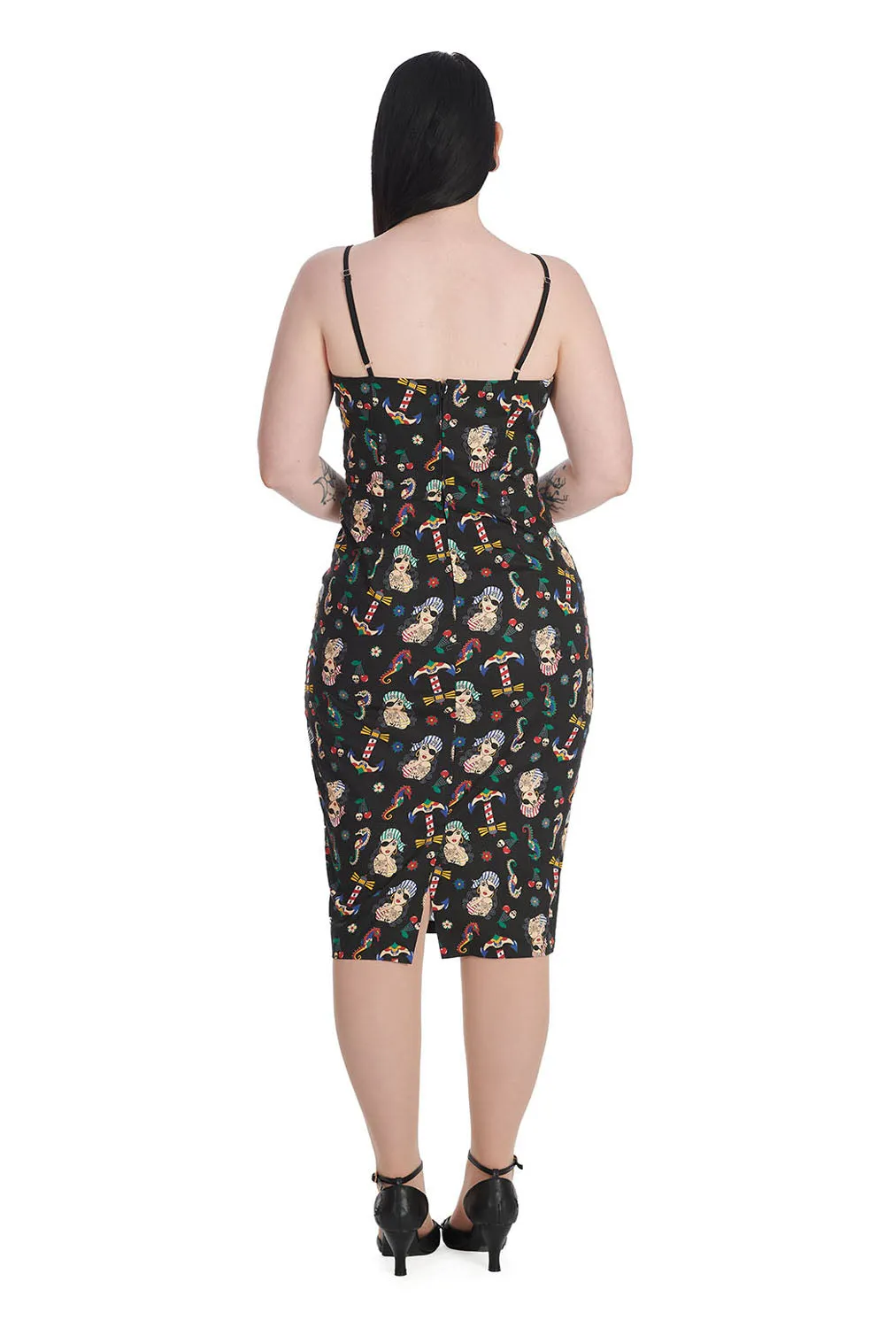 ANCHOR PIN UP PRINT V NECK PENCIL DRESS