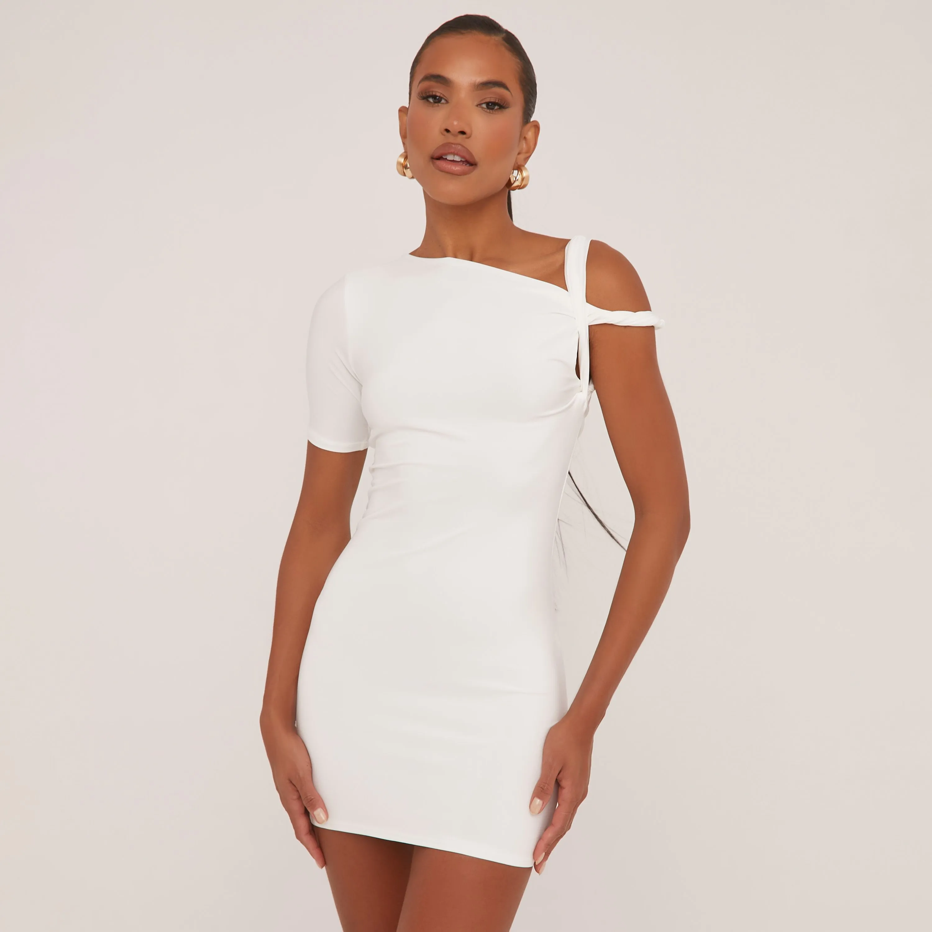 Asymmetric Twist Detail One Shoulder Mini Bodycon Dress In White Slinky