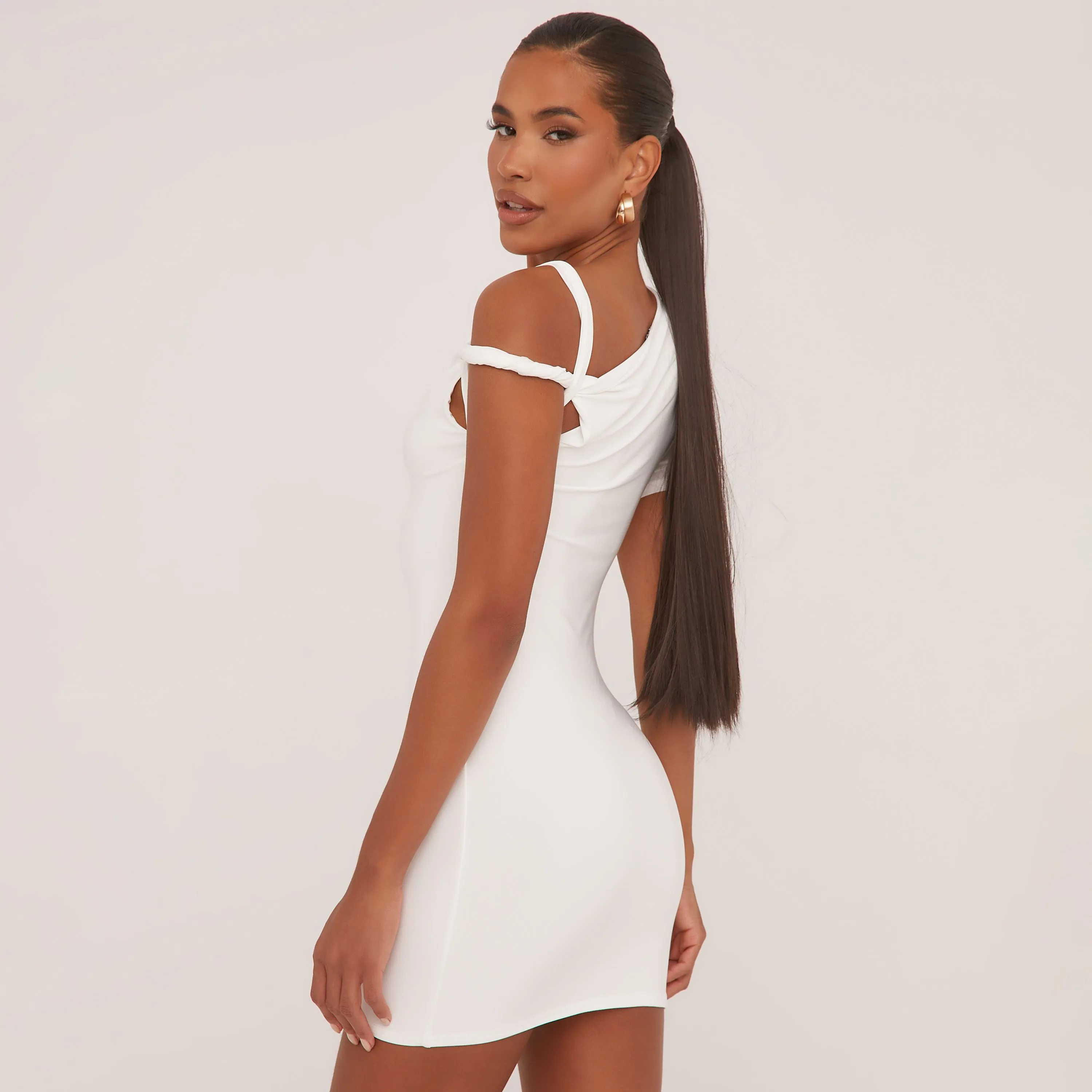 Asymmetric Twist Detail One Shoulder Mini Bodycon Dress In White Slinky