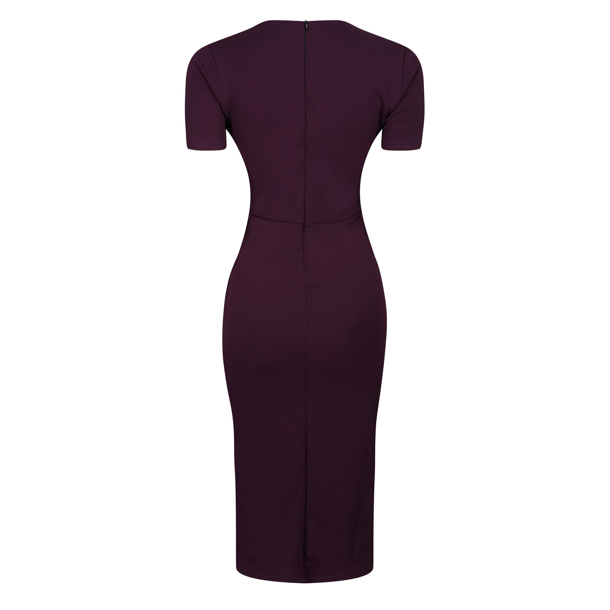 Aubergine Purple Short Sleeve Deep V Neck Bodycon Midi Dress