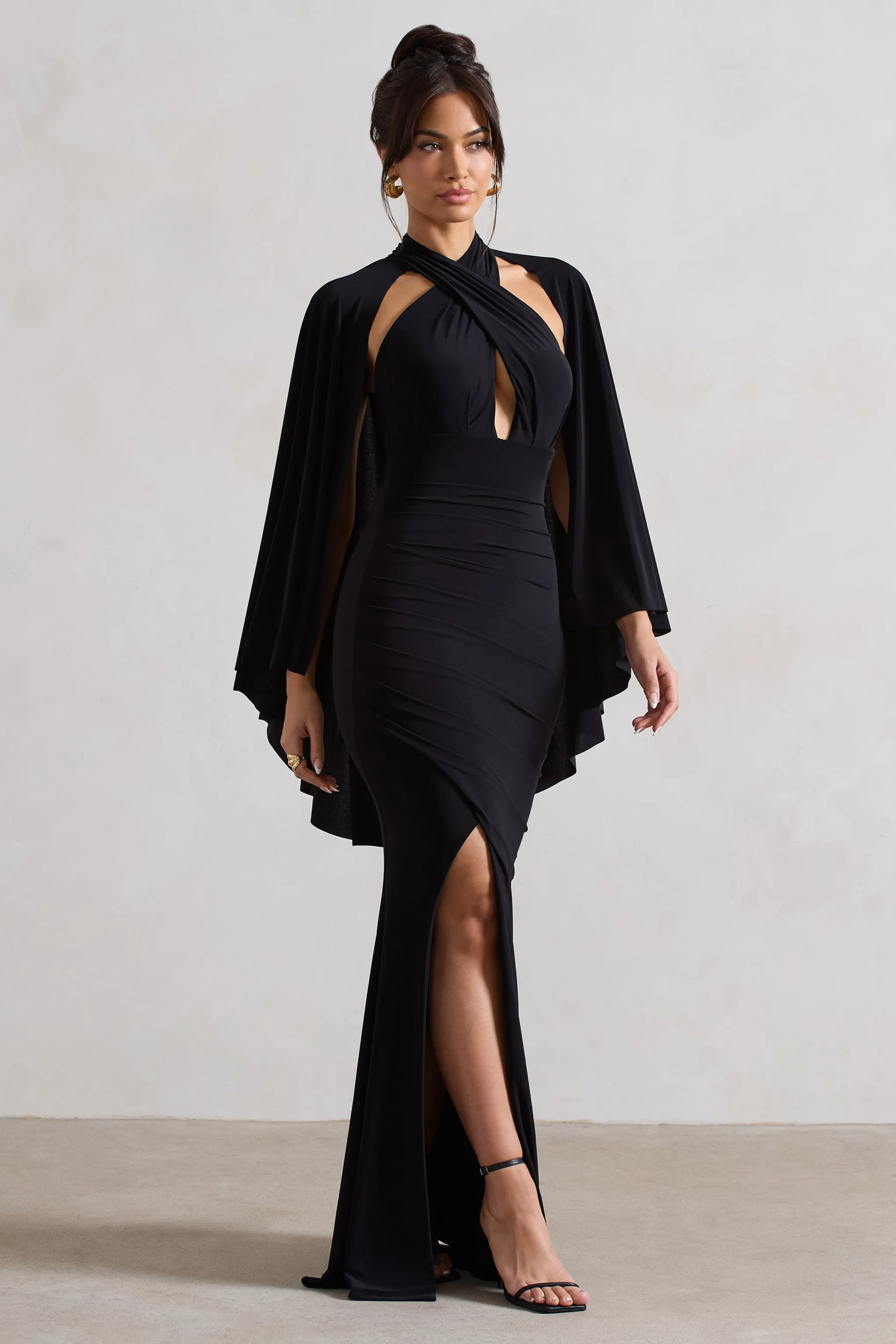 Audrina | Black Ruched Halter-Neck Split Maxi Dress With Cape