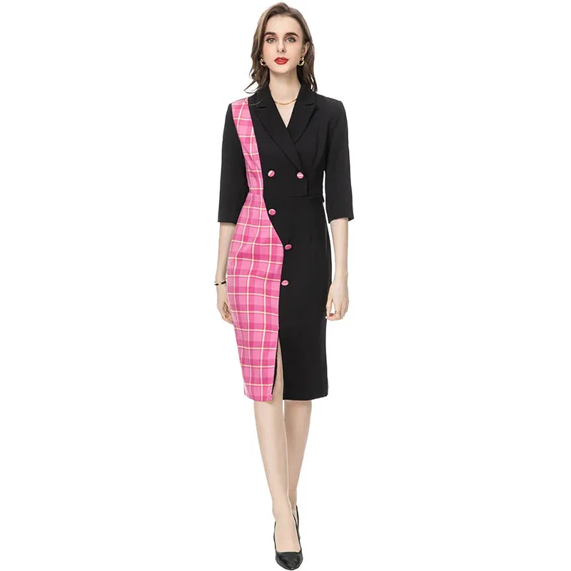 Aylin Plaid Printed Irregular Button Patchwork Belt Pencil MIDI Dress