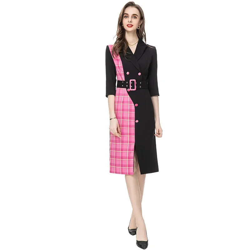 Aylin Plaid Printed Irregular Button Patchwork Belt Pencil MIDI Dress