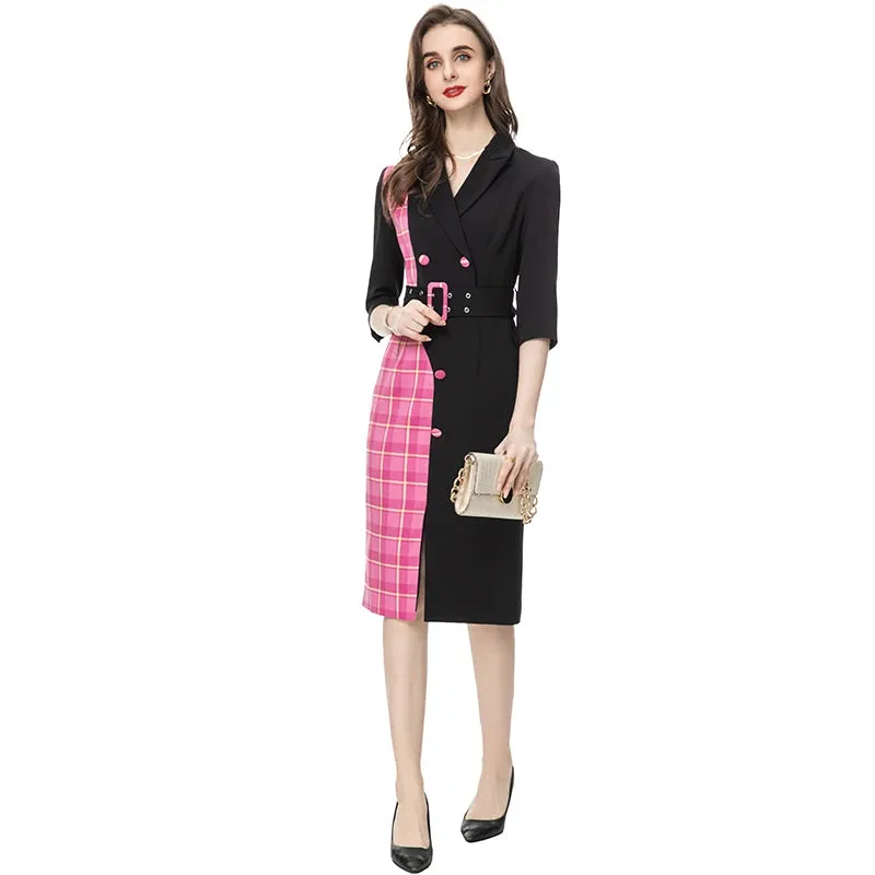 Aylin Plaid Printed Irregular Button Patchwork Belt Pencil MIDI Dress