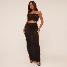 Bandeau Crop Top And High Waist Maxi Skirt Co-Ord Set In Black Texture