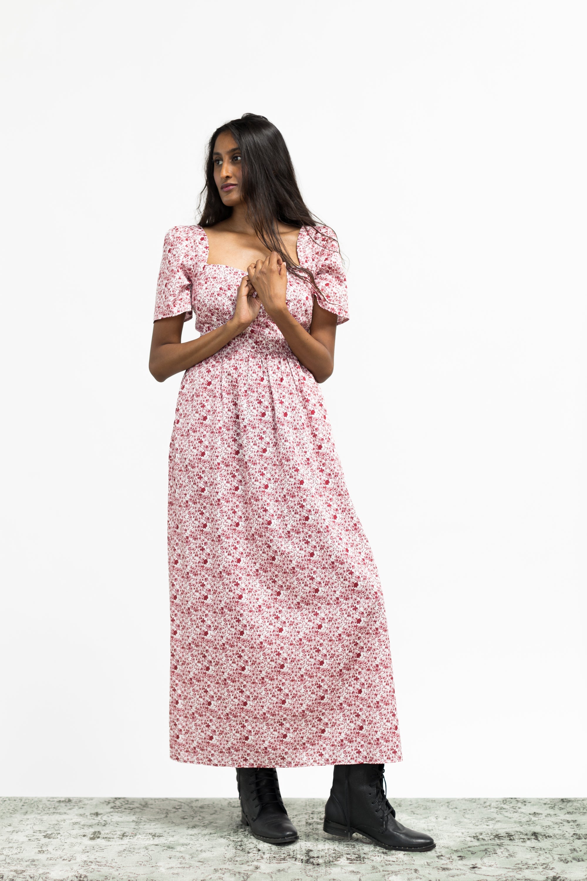 Beatrice Maxi Dress With Sweetheart Neckline / Pink + Milkly White Liberty Floral Cotton