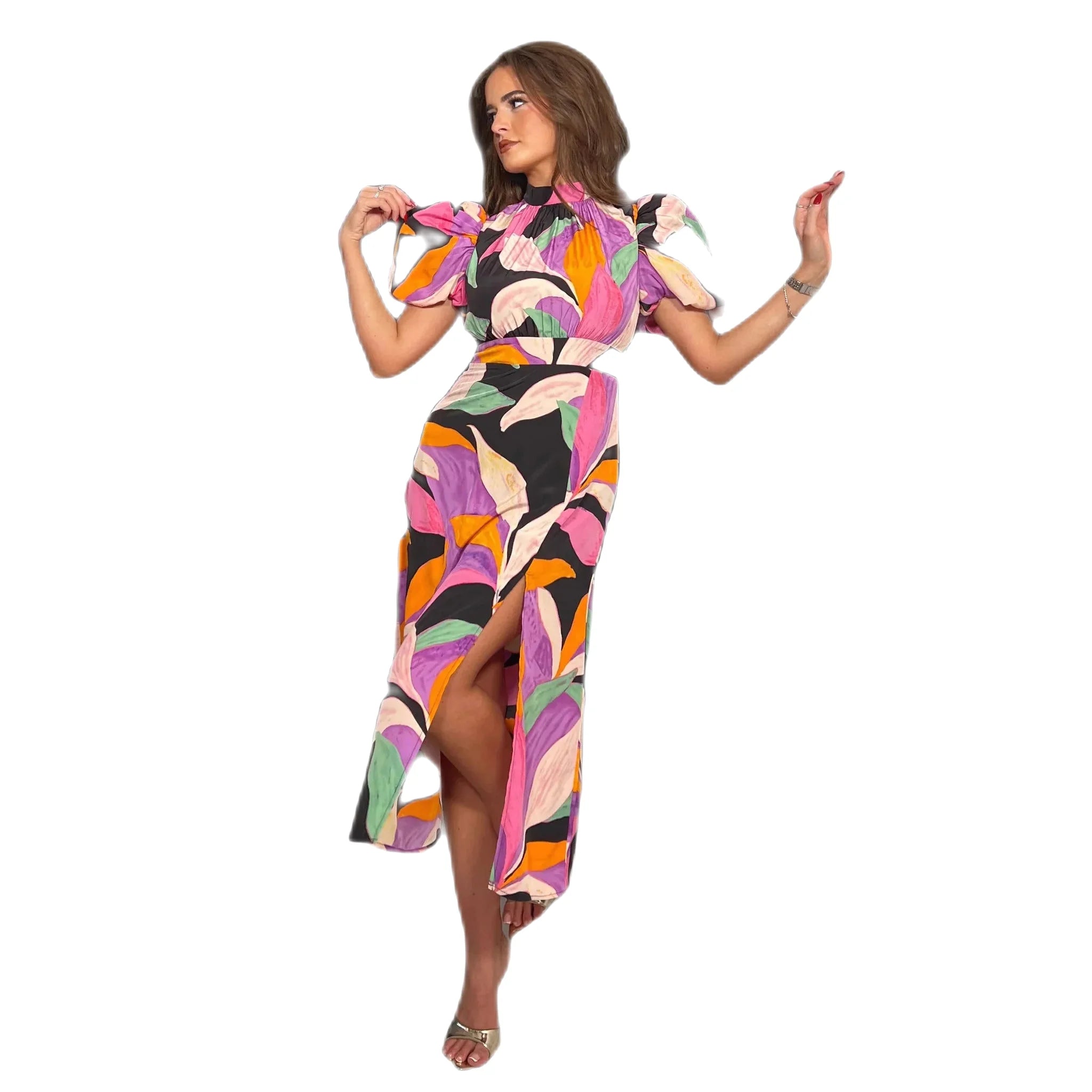 Black & Multicoloured Leaf Print Puff Sleeve High Neck Midi Dress