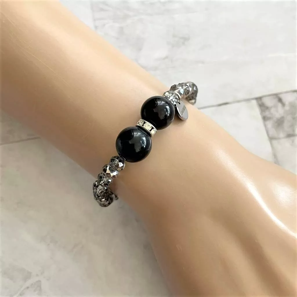 Black Agate and Metallic Hematite Beaded Bracelet