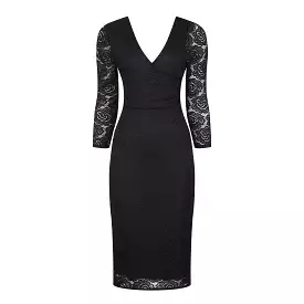 Black Lace 3/4 Sleeve Wrap Over Effect Midi Dress