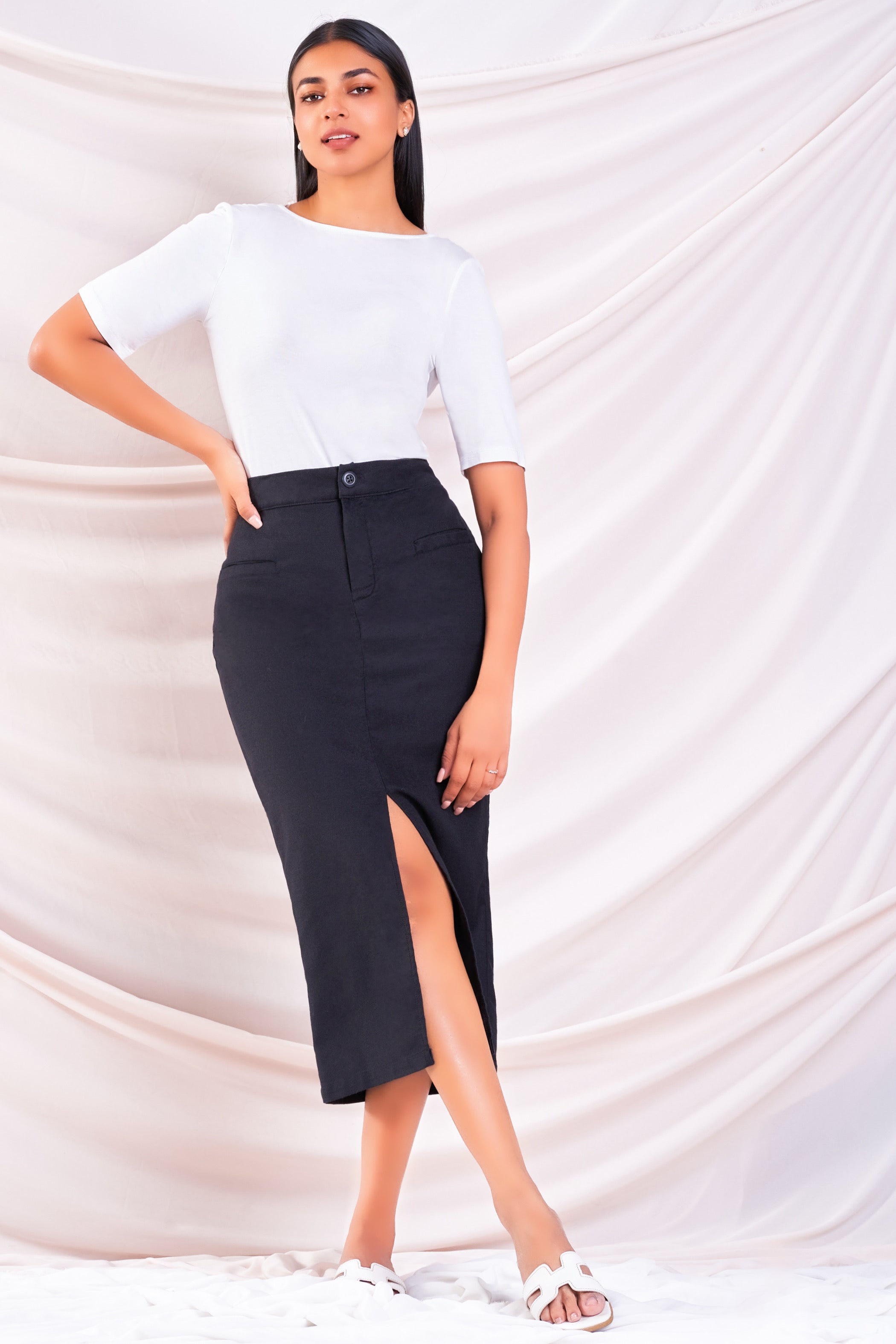 Black Linen Midi Skirt