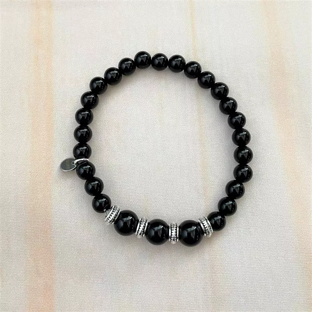 Black Onyx and Silver Beaded Bracelet