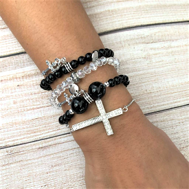 Black Onyx Bracelets and Silver Cross Bracelet Set