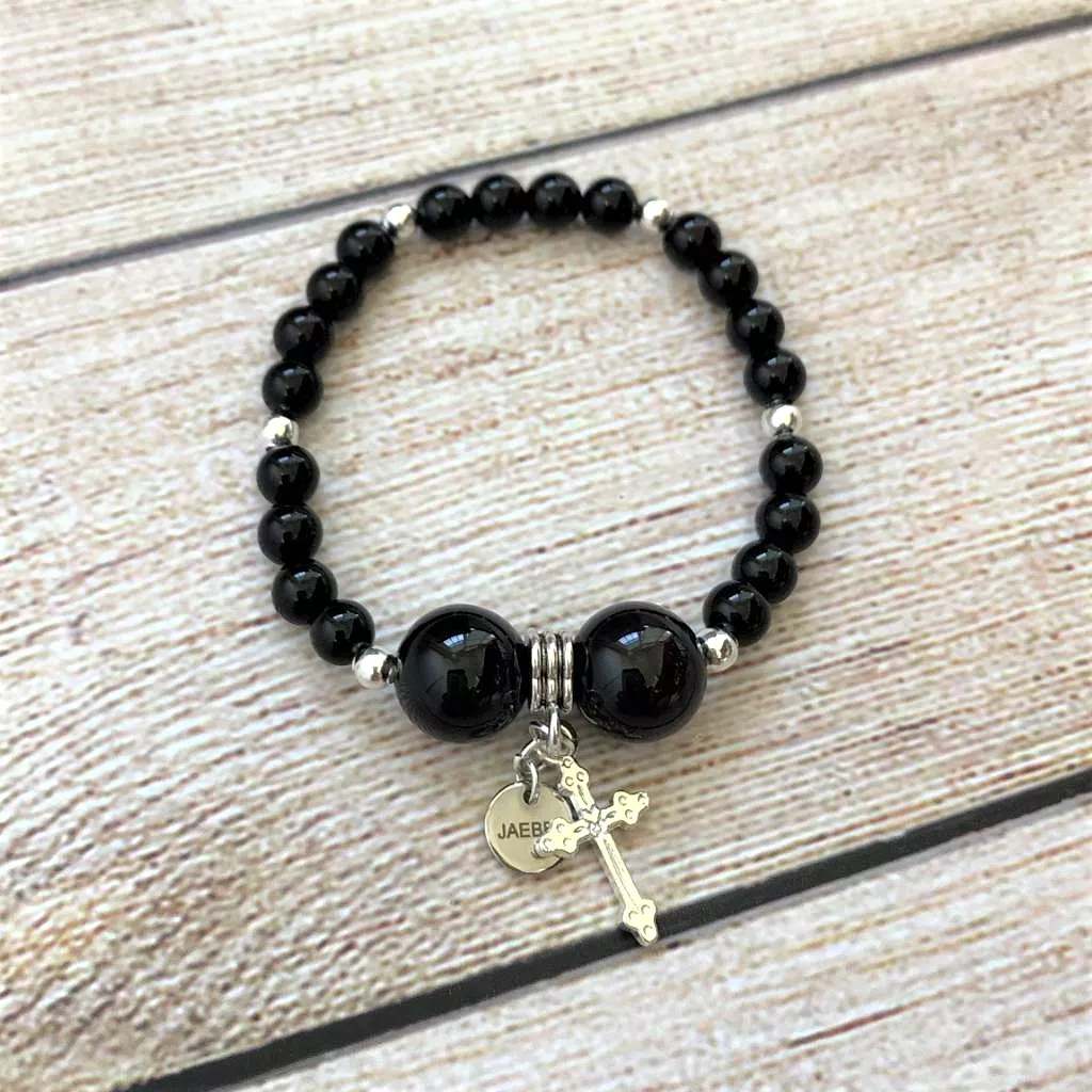 Black Onyx Bracelets and Silver Cross Bracelet Set