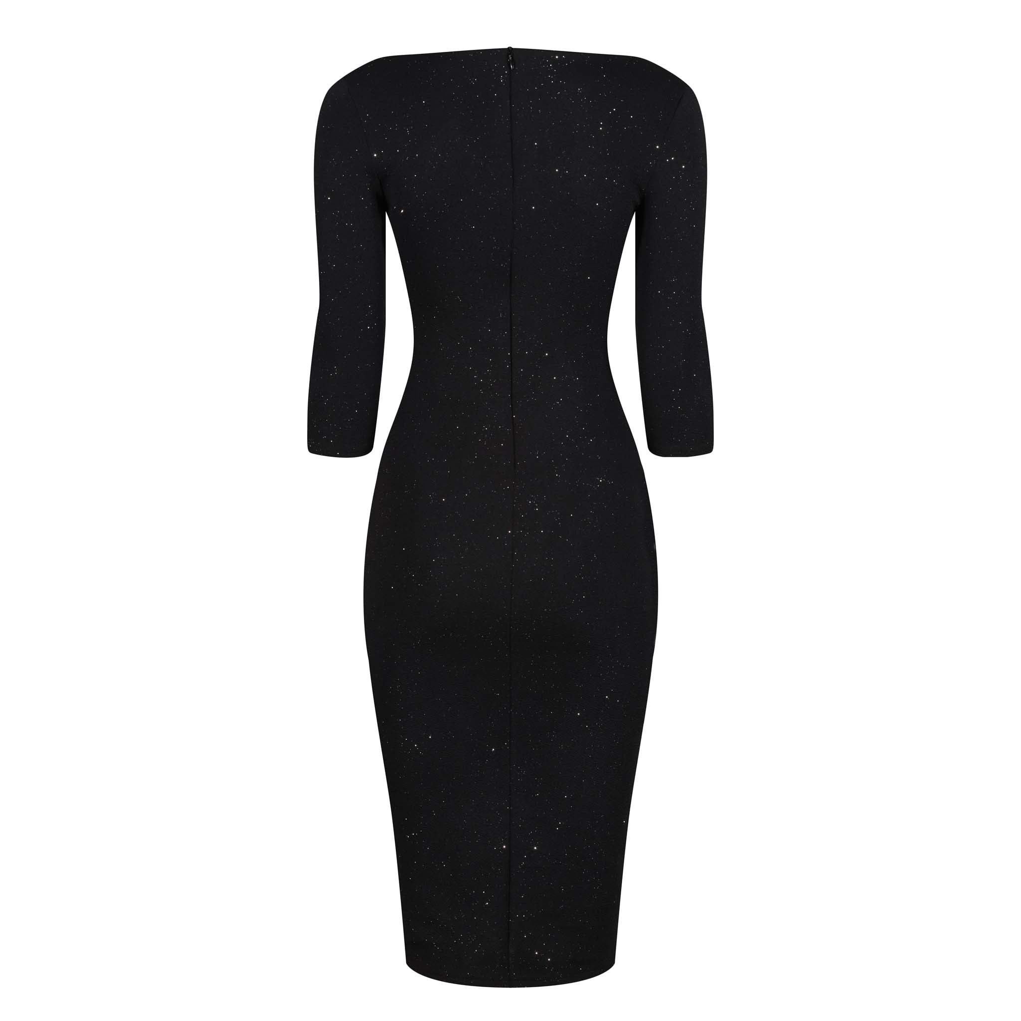 Black Silver Glitter 3/4 Sleeve Bodycon Velour Midi Party Dress