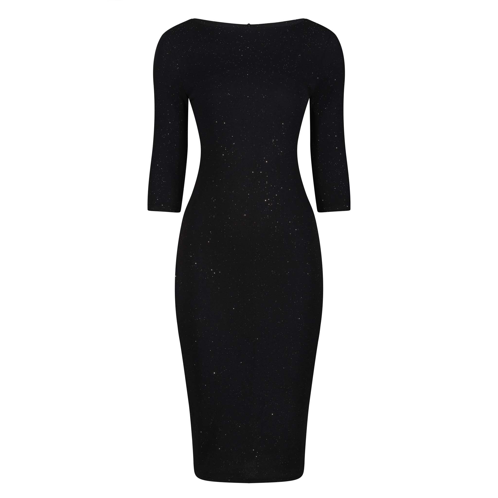 Black Silver Glitter 3/4 Sleeve Bodycon Velour Midi Party Dress