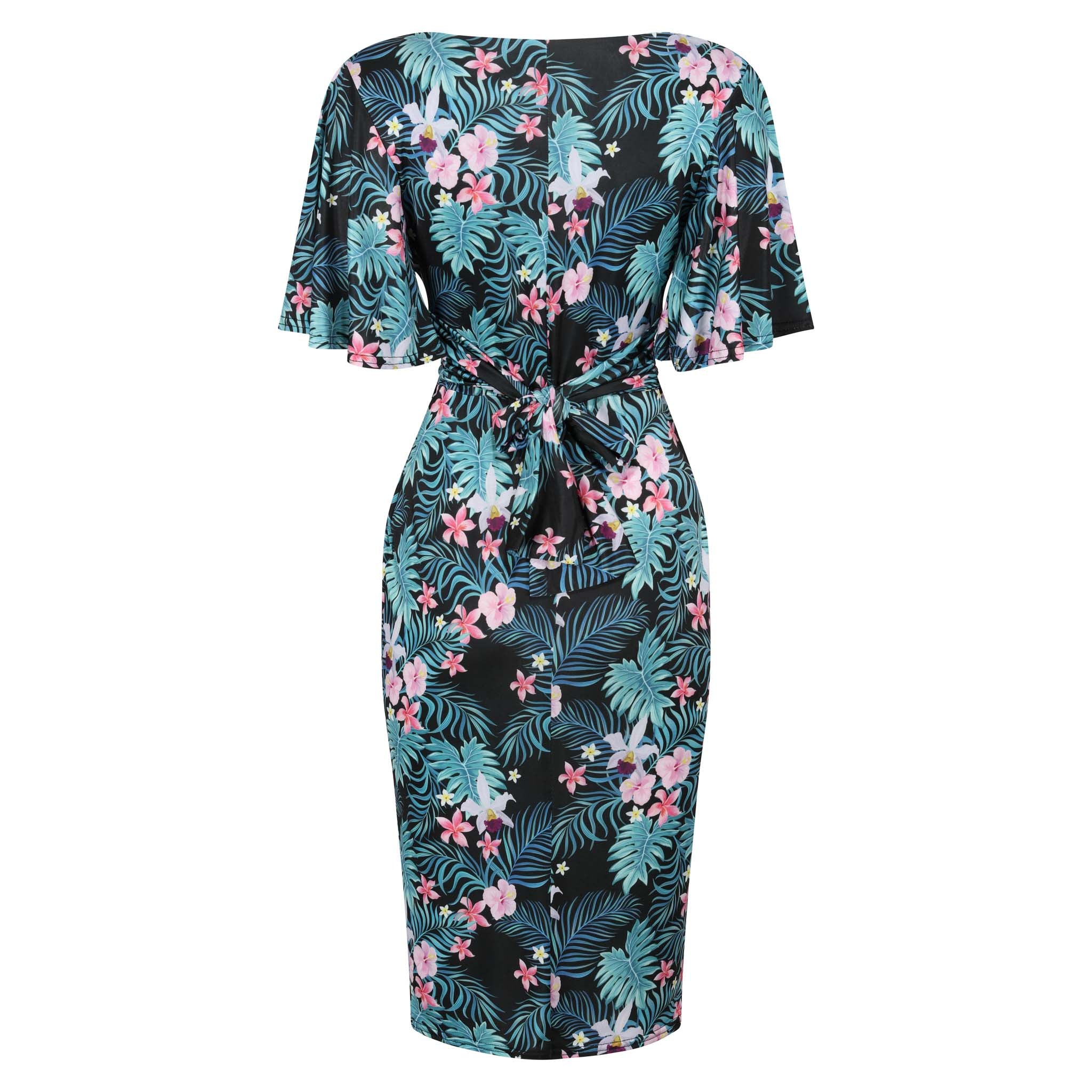 Black Tropical Floral Print Waterfall Sleeve Bodycon Pencil Dress