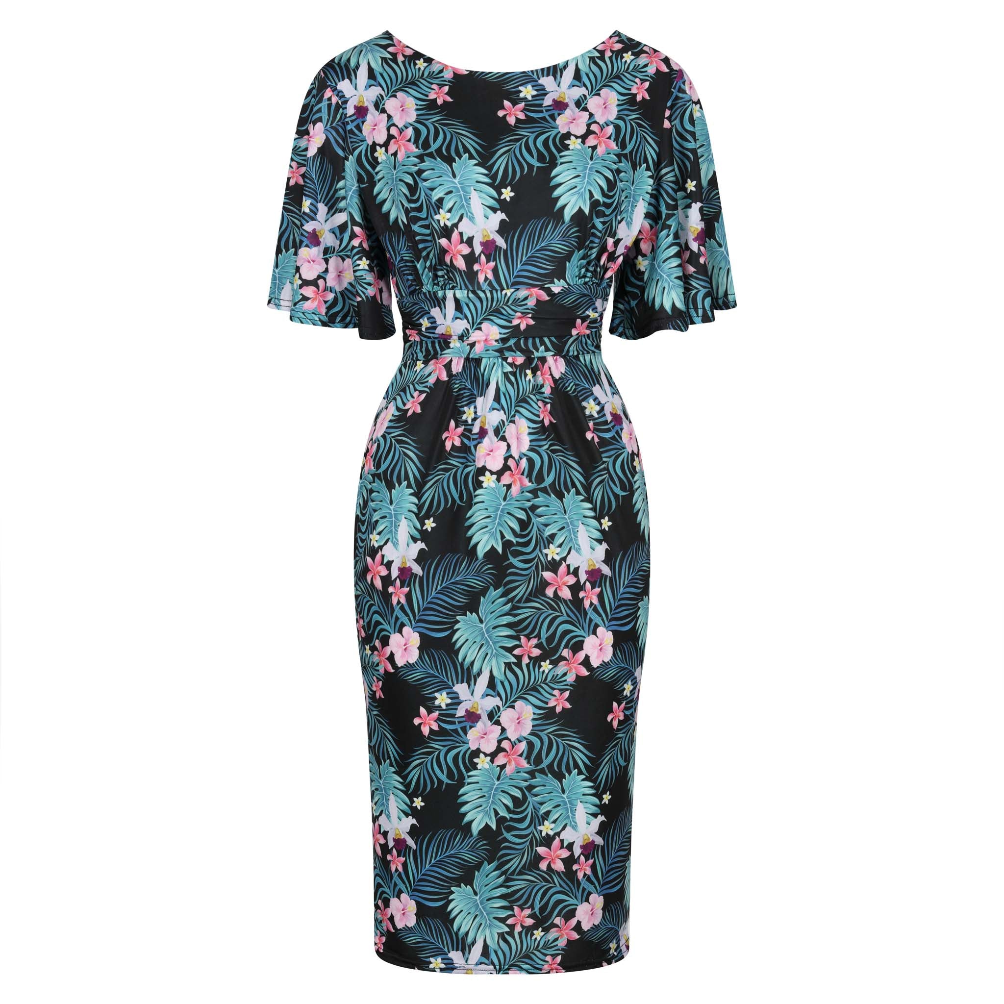 Black Tropical Floral Print Waterfall Sleeve Bodycon Pencil Dress