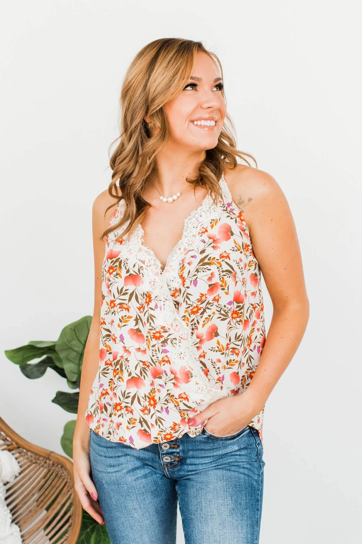 Blooming Buds Floral Wrap Tank- Cream