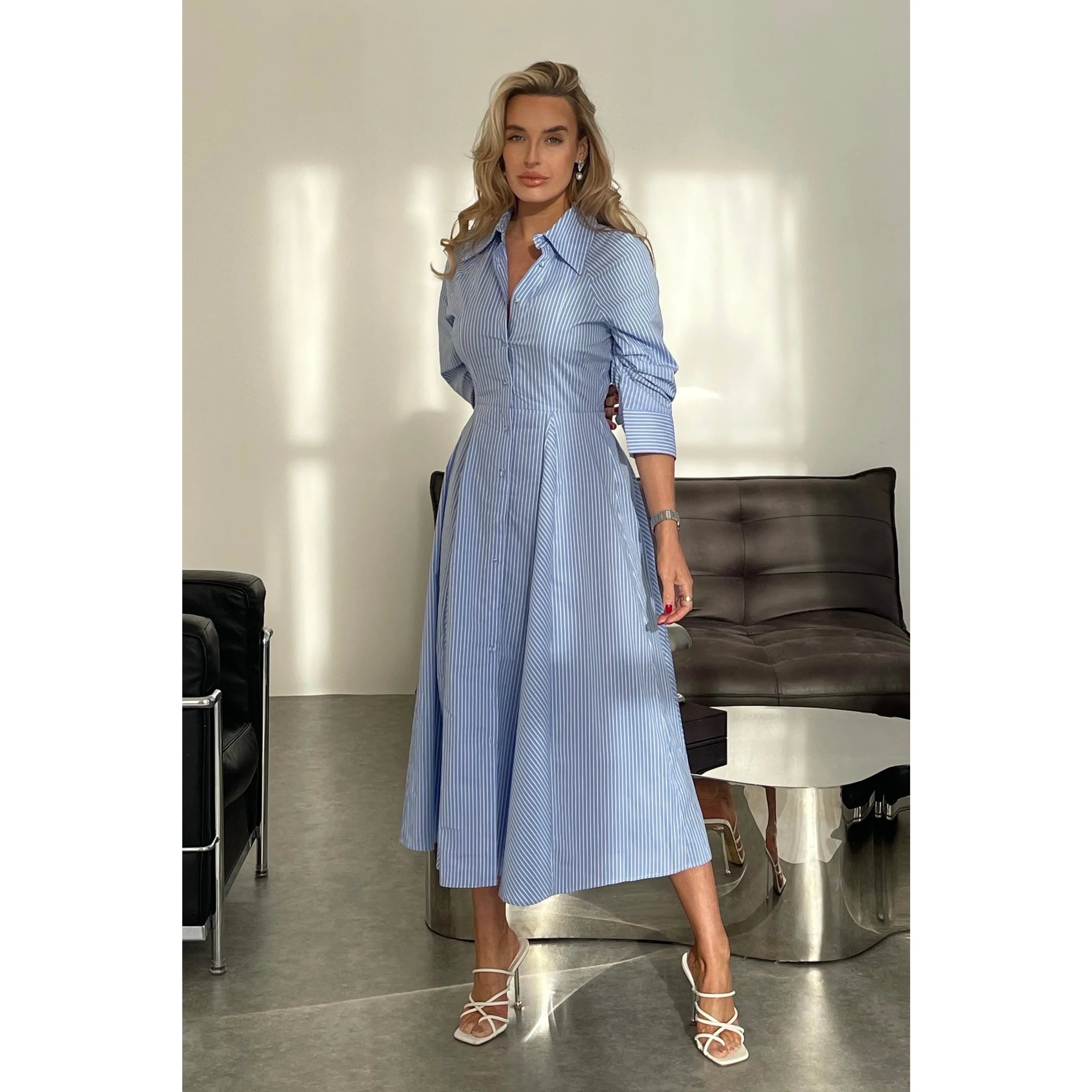 Blue Pinstripe Button Down Midi Shirt Dress