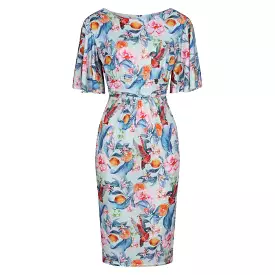 Blue Tropical Floral Fruit Print Waterfall Sleeve Bodycon Pencil Dress