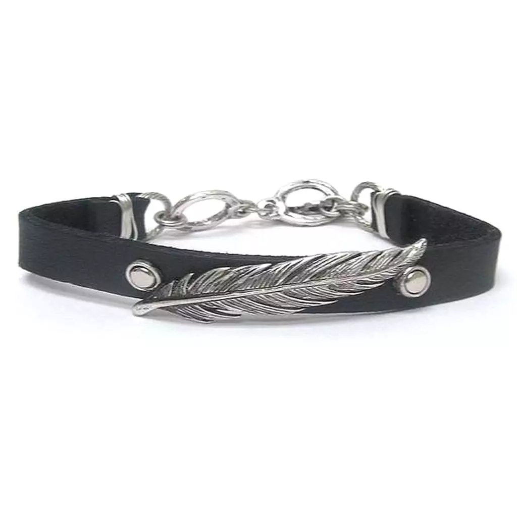 Boho Silver Feather Black Bracelet