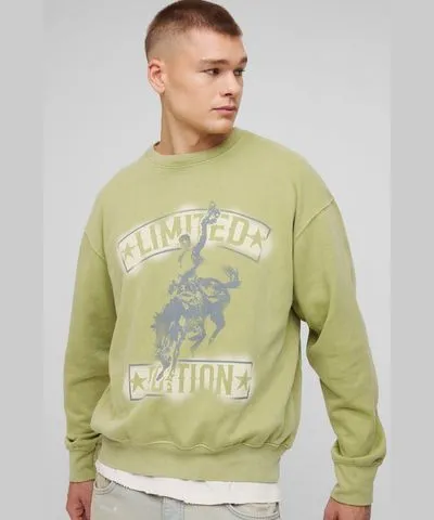 boohooMAN Mens Oversized Limited Western Graphic Washed Sweatshirt