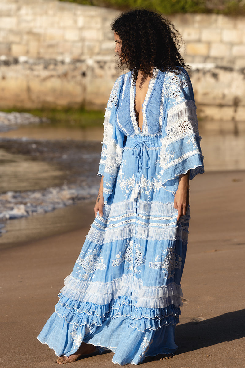 Charm Your Way - Embroidered maxi dress/duster - Rosey Tea in Cornflower Blue