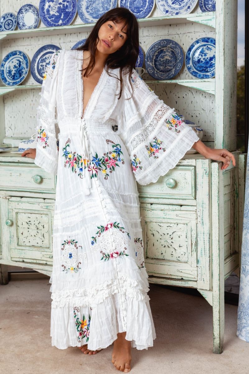 Charm Your Way - Embroidered maxi dress/duster - Rosey Tea in Ivory