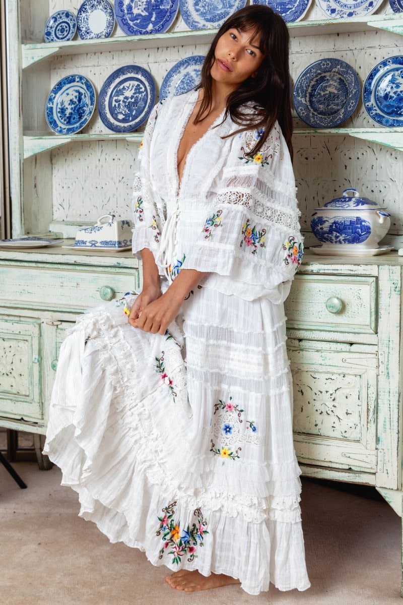 Charm Your Way - Embroidered maxi dress/duster - Rosey Tea in Ivory