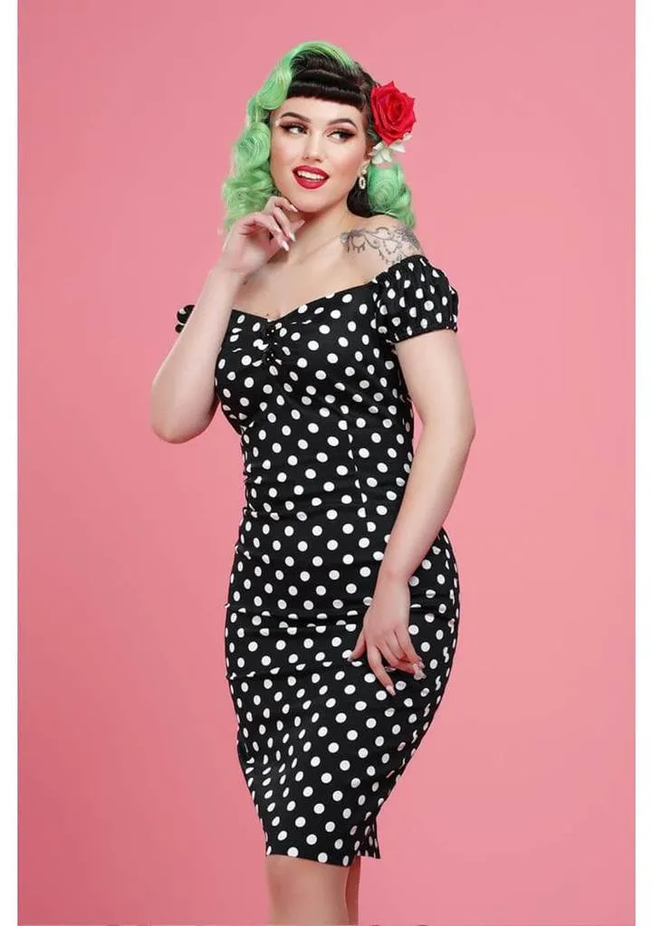 Collectif Dolores Polkadot 50's Pencil Dress Black