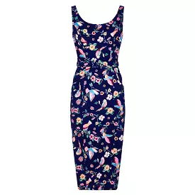 Collectif Navy Blue Bird Print Pencil Dress