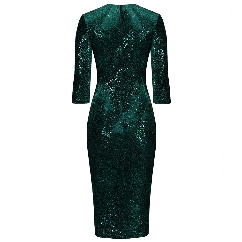 Dark Green 3/4 Sleeve V Neck Velour Sequin Pencil Wiggle Dress