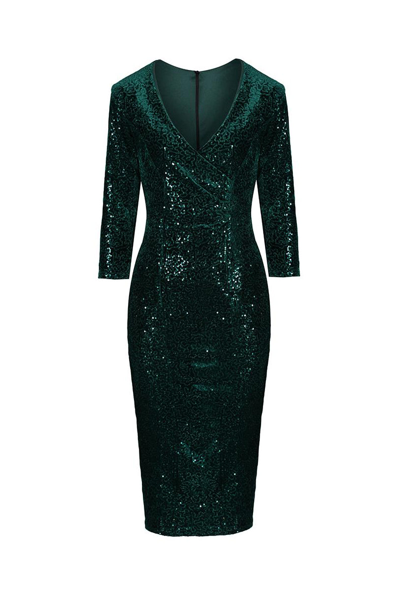 Dark Green 3/4 Sleeve V Neck Velour Sequin Pencil Wiggle Dress