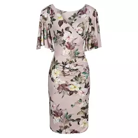 Dusky Pink Floral Print Butterfly Sleeve Slinky Pencil Cocktail Dress